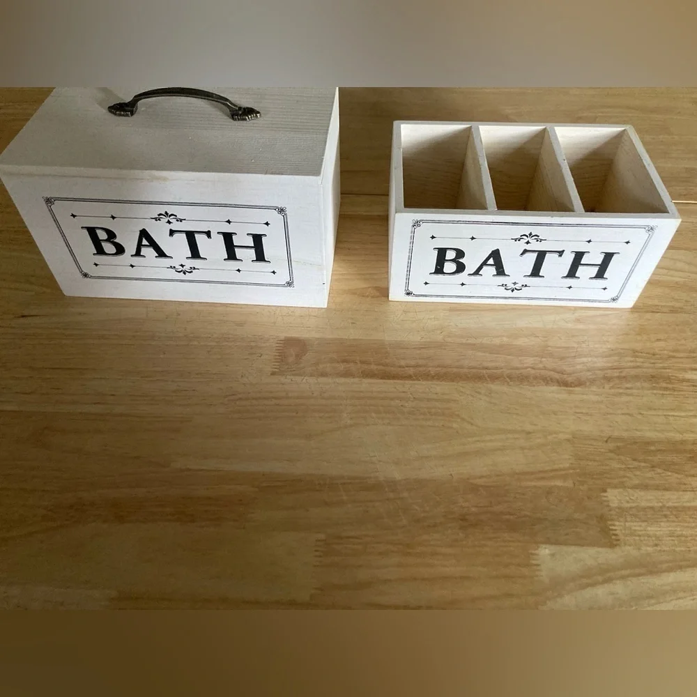 NWOT Bathroom organizers. Set includes container w/lid & one with three slots